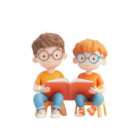 Two animated children reading a book together, sharing a joyful learning experience. png