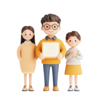 Three cheerful characters holding a certificate with bright colors and friendly expressions. png