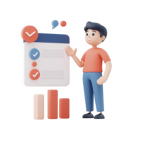 A 3D character presenting data analysis with charts and checklists. png