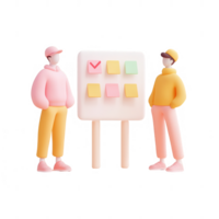 Two colorful characters discussing project planning with sticky notes. png