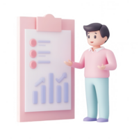 A character presenting marketing data with a visual chart on a clipboard. png