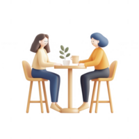 Two friends enjoying coffee and conversation at a cozy table with plants. png