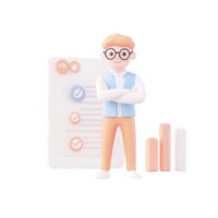 A cheerful character analyzing data with graphs and checklists in a modern design. png