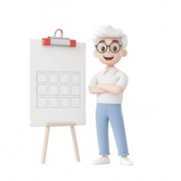 A cheerful character presenting a blank canvas on an easel for creative ideas. png