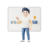 A cheerful character presenting business statistics and graphs on a digital board. png