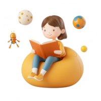 A cheerful child reading a book on a bean bag with playful toys floating around. png