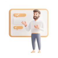 A cheerful man presenting digital information on a modern display. png