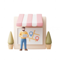 A man using a tablet outside a shop with a map display, representing modern commerce. png