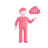 A modern character presenting data analytics in a colorful cloud graphic. png