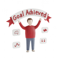 A figure celebrating success with a banner proclaiming 'Goal Achieved' and performance metrics. png