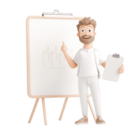 A man presenting a growth chart with enthusiasm and a clipboard in hand. png