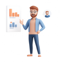 Animated character presenting business data with charts and graphs. png