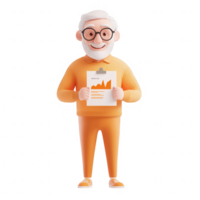 Cheerful elderly man in an orange sweater holding a report with rising graphs. png