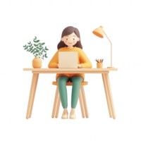 A young woman working on a laptop at a cozy home office desk with plants and lamp. png