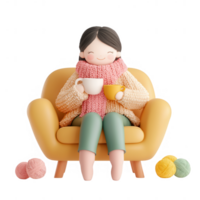 Cozy character enjoying tea and knitting in a warm, inviting atmosphere. png
