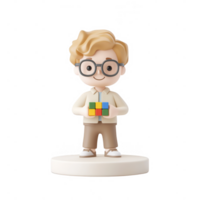 A cheerful character solving a colorful puzzle, representing creativity and fun. png