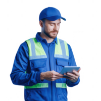 Worker in blue uniform using a tablet for industrial tasks or data management. png