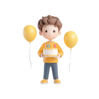 A cheerful child celebrates a birthday with a cake and balloons, radiating joy. png