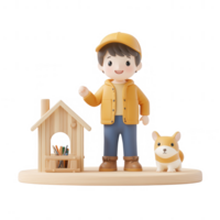 A cheerful child with a pet dog next to a wooden playhouse in a vibrant setting. png