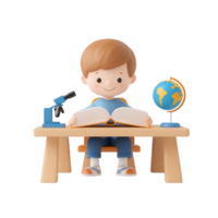 un alegre niño estudiando a un escritorio con un microscopio y globo, Fomentando curiosidad. png