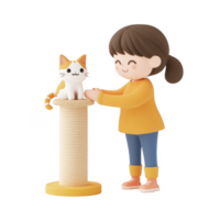 A cheerful child playing with a cat beside a scratching post in a cozy setting. png