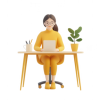 A cheerful worker in yellow attire focuses on her laptop at a modern workspace. png