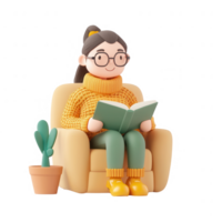 A cozy illustration of a woman reading a book in a comfortable chair. png
