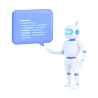 A futuristic robot displaying code in a conversation bubble. png