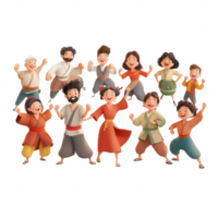 A joyful group of diverse characters celebrating together in a vibrant setting. png
