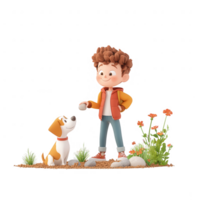 A playful boy with a dog in a vibrant garden, enjoying nature and companionship. png