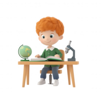 A young boy studying at a desk with a globe and microscope, eager to learn. png