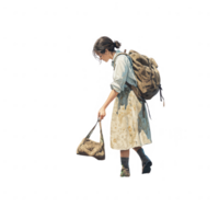A young girl with a backpack exploring her surroundings thoughtfully. png