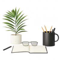 A stylish workspace arrangement with plants, notebook, and stationery for inspiration. png