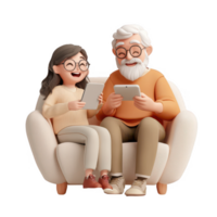 A charming illustration of a grandfather and granddaughter enjoying tablets together. png