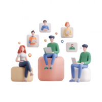 A group of diverse individuals engaged in virtual communication and collaboration. png