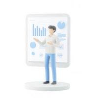 Professional man presenting data visualizations on a digital screen with graphs and charts. png