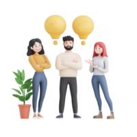 Three diverse characters discussing ideas with colorful speech bubbles. png