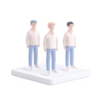 Three diverse cartoon characters standing together on a minimalist platform. png