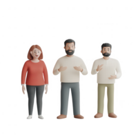 Three diverse characters engage in conversation with friendly gestures. png