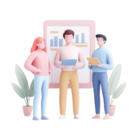 Three professionals discussing data analysis in a modern workspace environment. png