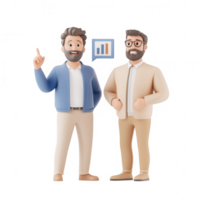 Two men discussing data analysis with a chart illustration behind them. png