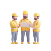 Three workers discussing a project with plans, showcasing teamwork in construction. png