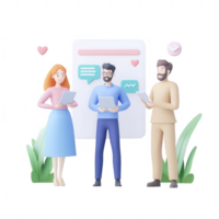 Three professionals engaging in a discussion with digital devices and speech bubbles. png