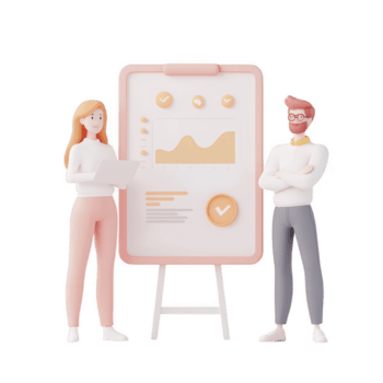 dois profissionais apresentando uma relatório com gráficos e gráficos em uma quadro branco. png