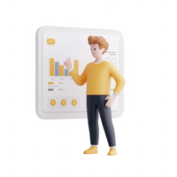 A 3D animated character presenting data analysis on a screen. png