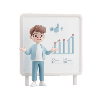 uma desenho animado personagem apresentando o negócio Estatisticas e gráficos profissionalmente. png