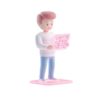 A character interacting with a digital map, representing technology and innovation. png
