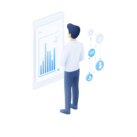 A business professional analyzes data trends on a digital tablet with graphs. png