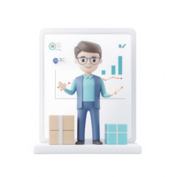 A cheerful businessman presenting charts with packages and data in a digital environment. png