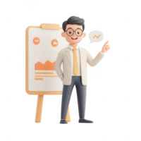 A cheerful businessman presenting data insights with a chart and a positive gesture. png